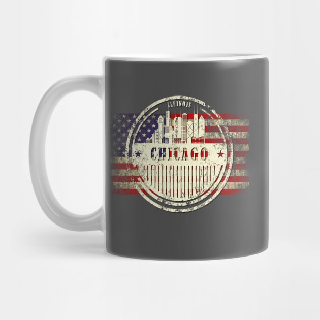 US flag with silhouette Chicago City by DimDom